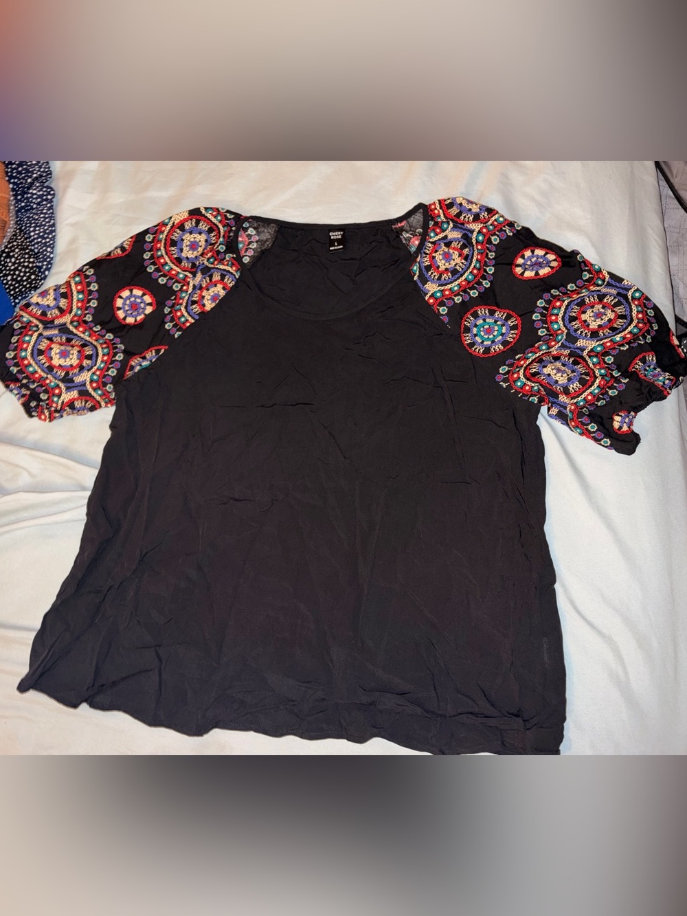 Black Embroidered Sleeve Women's Top